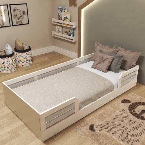 Cama Infantil Montessoriana Solteiro Lua Yescasa Branco/Cinza Cristal
