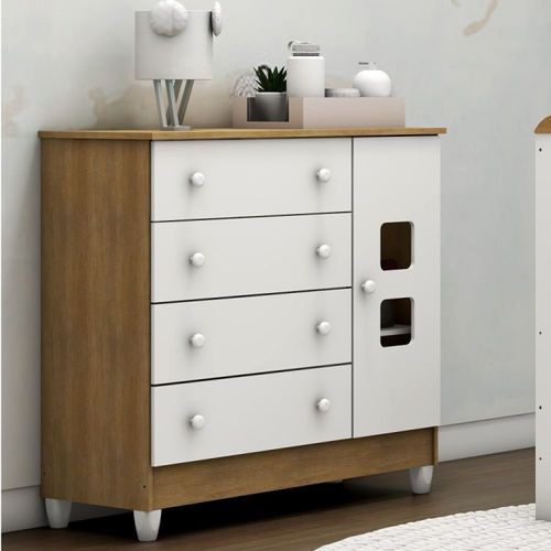 Cômoda Infantil Fraldário 1 Porta 4 Gavetas Mel Branco Fosco/Amadeirado