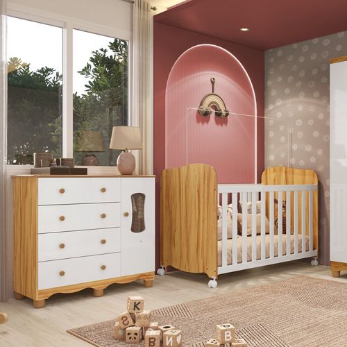 Quarto de Bebê Cômoda com 1 Porta Janelada e Berço com Rodízios 100% Mdf Lana Espresso Móveis Branco Brilho/Amêndoa