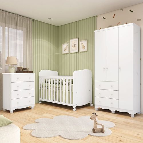 Quarto de Bebê com Guarda Roupas 3 Portas Cômoda e Berço com Rodizio Mimo 100% Mdf Espresso Móveis Branco Brilho