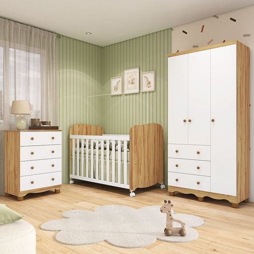 Quarto de Bebê com Guarda Roupas 3 Portas Cômoda e Berço com Rodizio Mimo 100% Mdf Espresso Móveis Branco Brilho/Amêndoa
