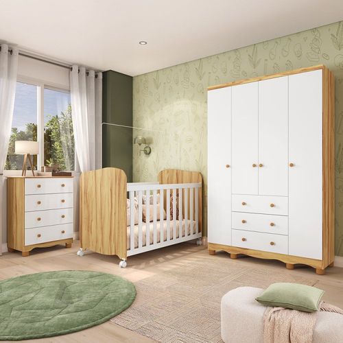 Quarto Bebê Guarda Roupas 4 Portas Cômoda e Berço com Rodizio Mimo 100% Mdf Espresso Móveis Branco Brilho/Amêndoa