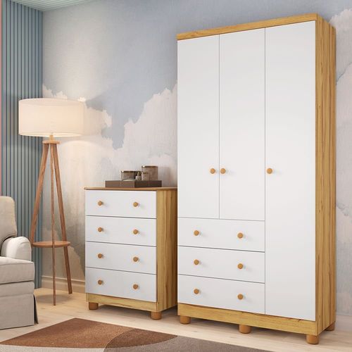 Quarto Infantil Guarda Roupas 3 Portas Cômoda 4 Gavetas Mimo 100% Mdf Espresso Móveis Branco Brilho/Amêndoa