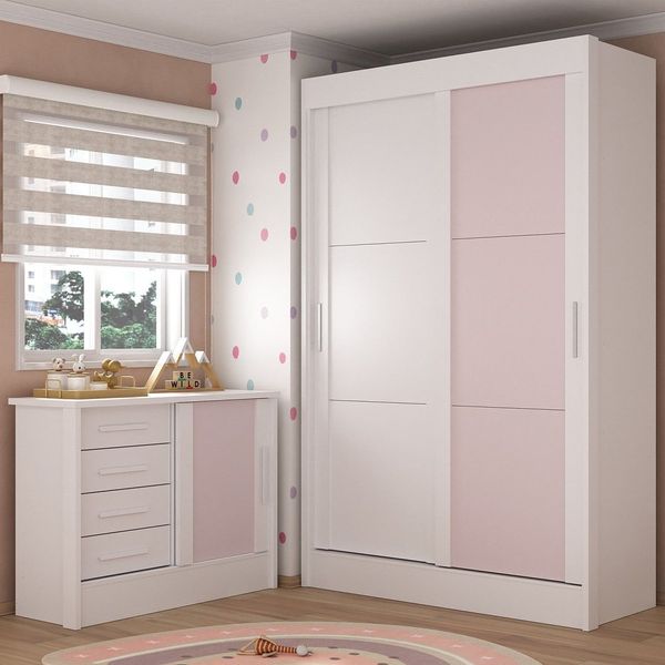 Quarto Infantil Completo Guarda-roupa 2 Portas 2 Gavetas com Cômoda Maya Espresso Móveis Branco/Rosa