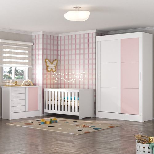Quarto de Bebê Completo Guarda Roupa 2 Portas 2 Gavetas com Cômoda e Berço Maya Espresso Móveis Branco/Rosa