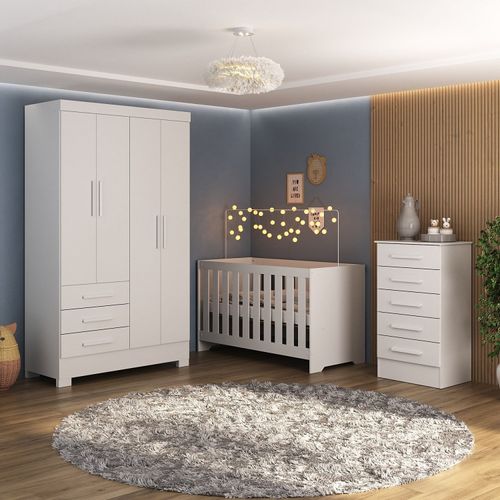 Quarto de Bebê Completo Guarda Roupa 4 Portas 3 Gavetas com Cômoda e Berço Kit Cat Espresso Móveis Branco