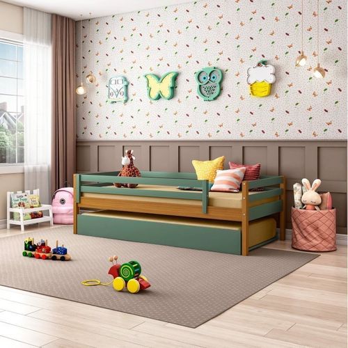 Bicama Solteiro Infantil Prime com Grade de Proteção Casatema Verde Escuro/Mel