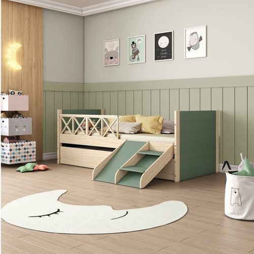 Bicama Solteiro Infantil Garden com Kit Escadinha e Escorregador Casatema Verde/Natural