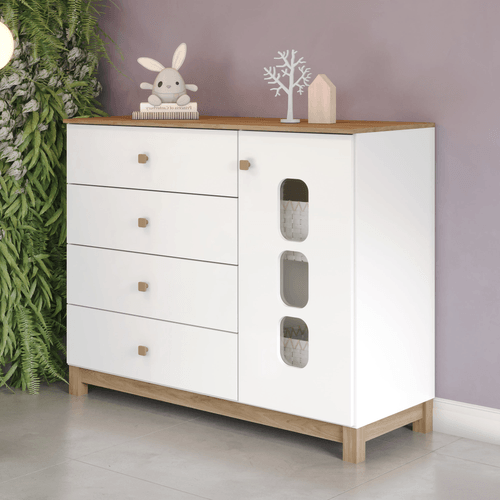Cômoda 1 Porta 4 Gavetas com Frentes em MDF Vidro Branco/Jequitibá HP Aconchego Branco e Jequitibá HP