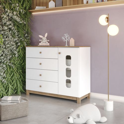 Cômoda Infatil Aconchego 1 Porta 4 Gavetas Branco e Jequitibá HP