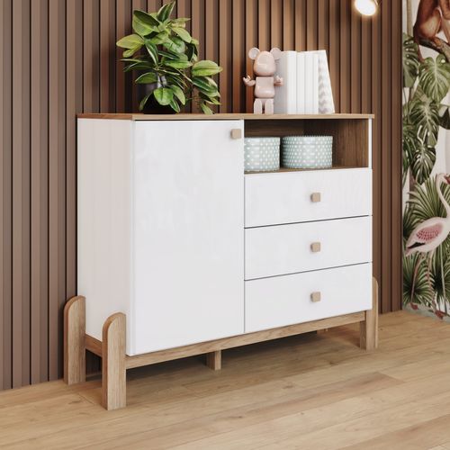 Cômoda 1 Porta 3 Gavetas Ternura Branco/Jequitibá HP Branco e Jequitibá HP