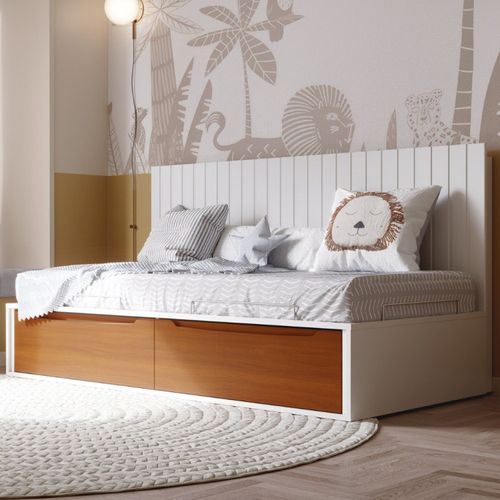 Cama Solteiro com 2 Gavetas e Painel Encosto Sambalelê Branco Acetinado/Mel