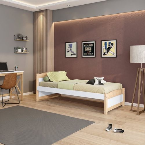 Cama Solteiro Madeira Maciça/mdf Teen Casatema Branco/Natural