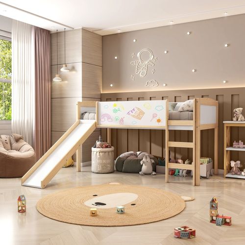 Cama Alta com Escorregador e Lousa Madeira Maciça/mdf Exclusive Casatema Branco/Natural
