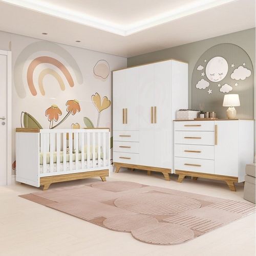 Quarto de Bebê Completo com Cômoda Berço e Guarda Roupa 100% Mdf Retrô Kakau Espresso Móveis Branco Brilho/Amêndoa