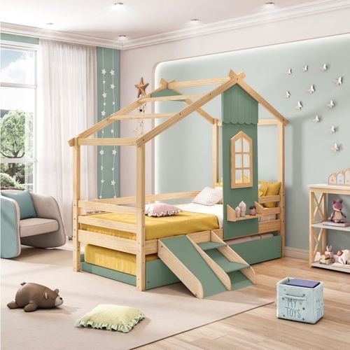 Bicama Infantil Prime House com Mini Escorregador, Telhado V e Janela Casatema Verde/Natural