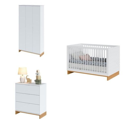 Quarto Bebê Completo com Berço, Cômoda e Guarda-Roupa Cubo Branco/Plátano