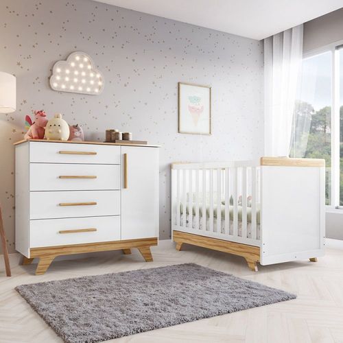 Quarto de Bebê com Cômoda e Berço 100% Mdf Jolie Retrô Espresso Móveis Branco Brilho/Amêndoa