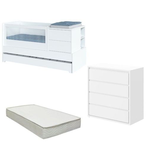 Berço Multifuncional com Cama Auxiliar Sol e Mar com Colchão e Comoda Branco