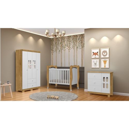 Quarto Infantil Completo com Berço Cômoda e Guarda Roupa Sophie Nature/Branco