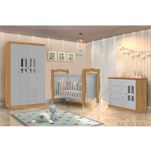 Quarto Infantil Completo com Berço Cômoda e Guarda Roupa Alvin Nature/Cinza