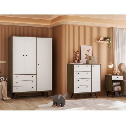Quarto Infantil com Cômoda, Guarda Roupa e Mesa de Cabeceira Luna Rustik/Branco
