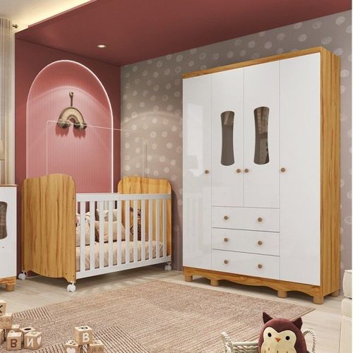 Quarto de Bebê Guarda-Roupas 4 Portas Janeladas e Berço com Rodízios 100% MDF Lana Espresso Móveis Branco Brilho/Amêndoa