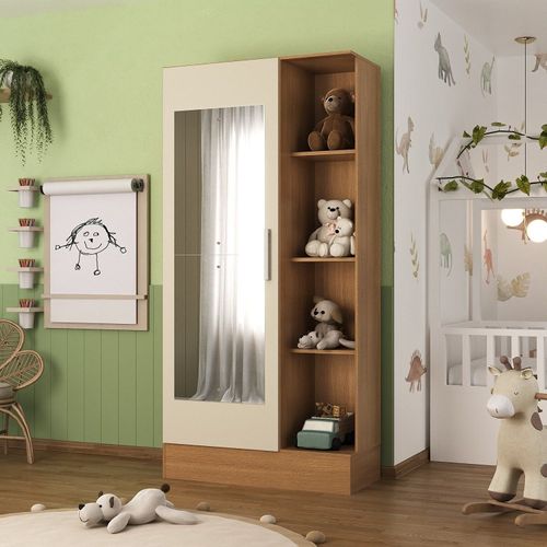Guarda Roupa Infantil 1 Porta com Espelho Sara Bege/Cinamomo/Off White Cinamomo/Off White
