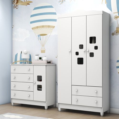 Guarda Roupa 03 Portas e Cômoda Mel Branco Fosco