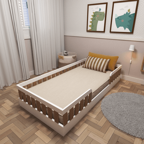 Cama Infantil Montessoriana Solteiro Sol Marrom/Branco/Carvalho Mel Branco/Carvalho Mel