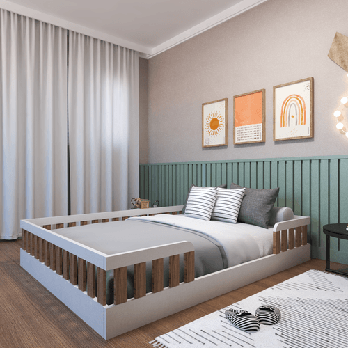 Cama Infantil Montessoriana Casal Sol Marrom/Branco/Carvalho Mel Branco/Carvalho Mel