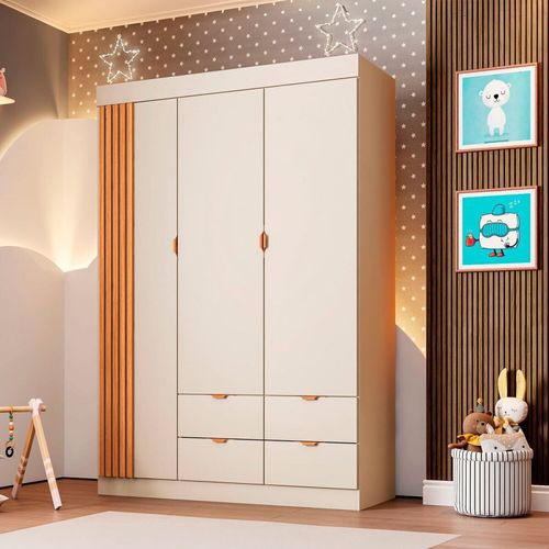 Guarda-Roupa Infantil 100% MDF 3 Portas e 4 Gavetas Ayla Off White Off White