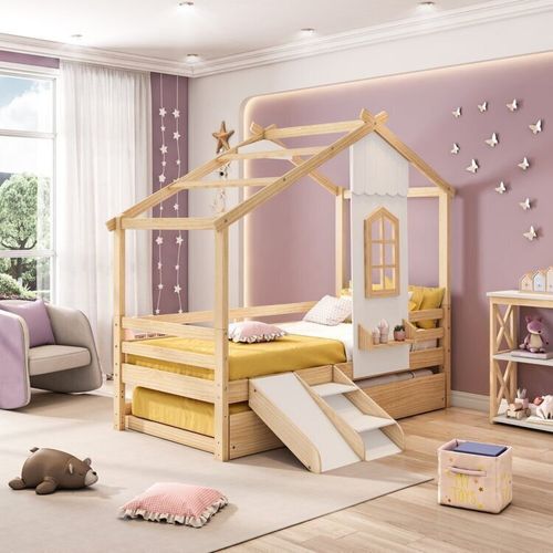 Bicama Infantil Prime House com Mini Escorregador e Telhado V Casatema Branco/Natural