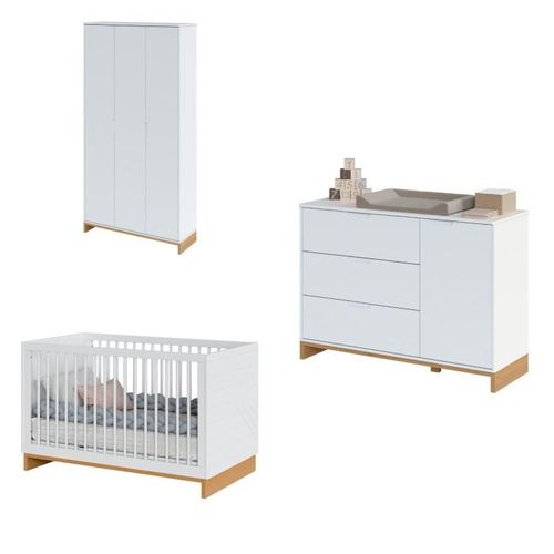 Quarto de Bebê Completo com Berço, Cômoda e Guarda-Roupa Cubo Branco/Plátano