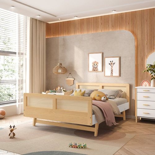 Cama Infantil Montessoriano Casal Lift em Madeira Maciça com Rattan Casatema Branco/Natural