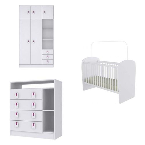 Conjunto Completo com Berço, Cômoda e Guarda-Roupa Suspiro Branco
