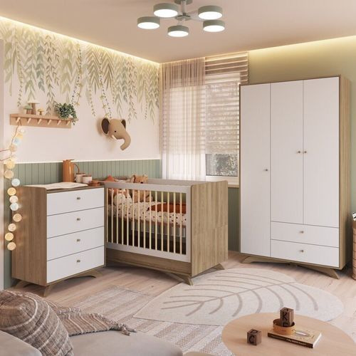 Quarto de Bebê Completo com Berço 3 em 1, Guarda-roupas e Cômoda Aveiro Oak/Branco