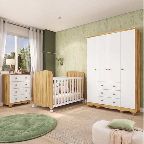 Quarto de Bebê Completo com Berço Americano Guarda-Roupa e Cômoda Mimo 100% MDF Espresso Móveis Branco Brilho/Amêndoa