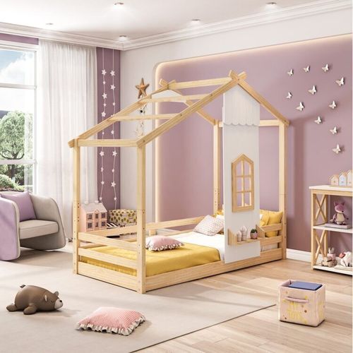 Cama Montessoriano Prime House com Telhado V e Janelinha Casatema Branco/Natural