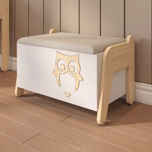Baú Corujinha de Madeira Maciça e Mdf Casatema Branco/Natural