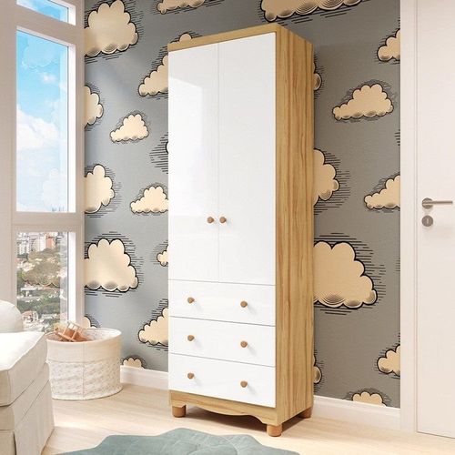 Guarda-Roupa Bebê 2 Portas e 3 Gavetas 100% MDF Mimo Espresso Móveis Branco Brilho/Amêndoa Branco Brilho/Amêndoa
