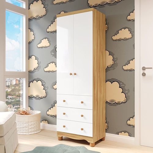 Guarda-roupa Infantil 2 Portas 3 Gavetas 100% Mdf Smim New Branco Brilho/Amêndoa