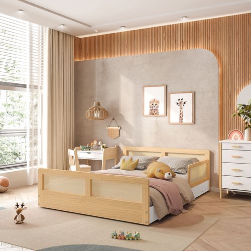 Cama Montessoriano Casal Lift em Madeira Maciça com Rattan 1 Grade Casatema Branco/Natural