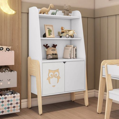Estante Infantil 3 Prateleiras e 2 Portas Corujinha Casatema Branco/Natural