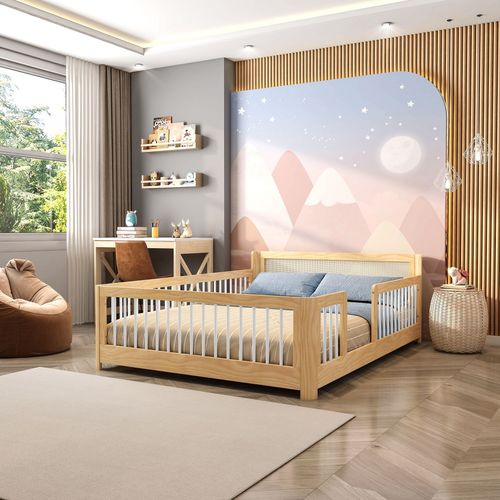 Cama Infantil Casal Montessoriano Wave com Rattan Casatema Natural/Branco
