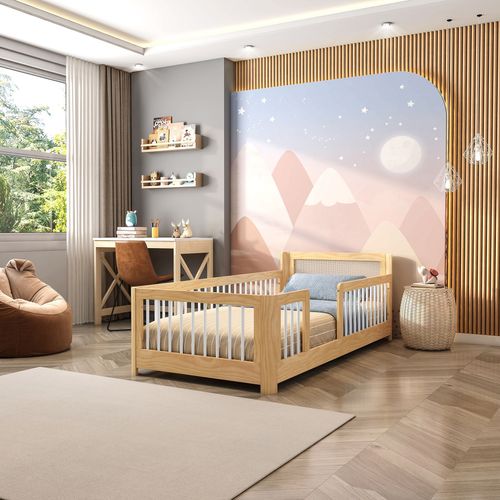 Cama Infantil Solteiro Montessoriano Wave com Rattan Casatema Bege/Marrom/Branco Natural/Branco