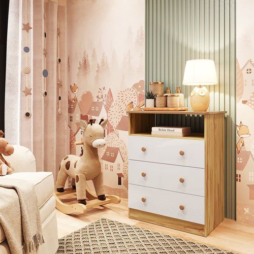 Cômoda Infantil 3 Gavetas 100% Mdf Smim New Branco Brilho/Amêndoa