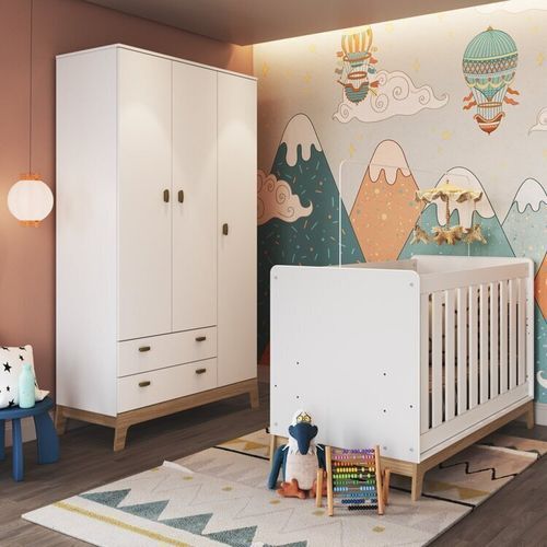 Conjunto Berço 3 em 1 com Colchão + Guarda-roupas Branco