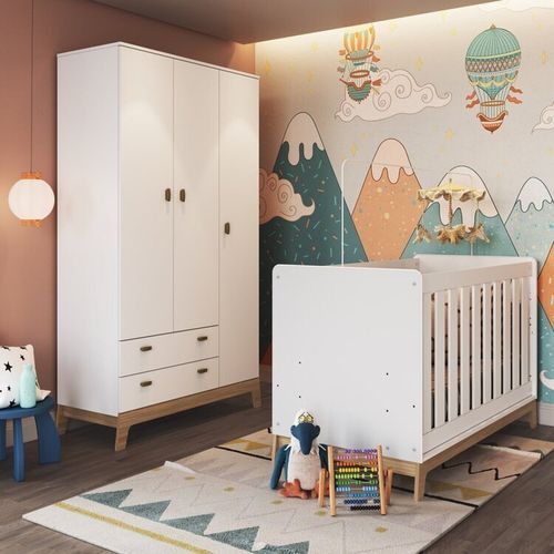 Conjunto Berço 3 em 1 Americano + Guarda-roupas Branco