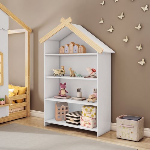 Estante Infantil Casinha MDF/Madeira 4 Prateleiras Casatema Branco/Natural